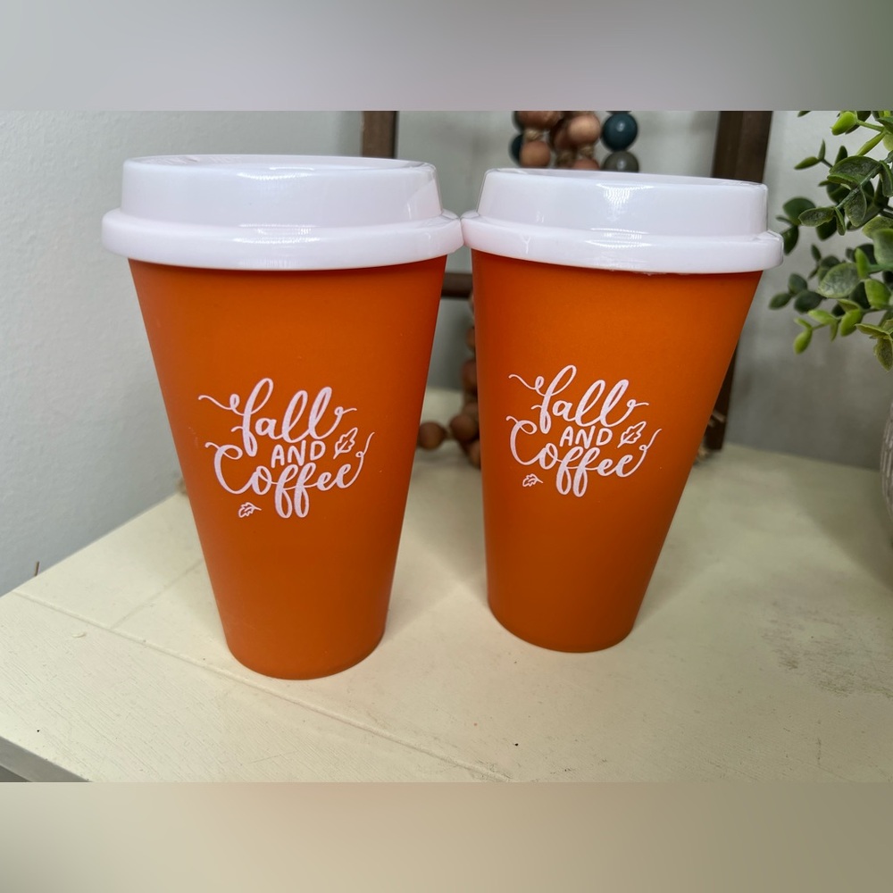 Brand New-Set of 2 - FALL AND COFFEE Reuseable Coffee Cups with Lids